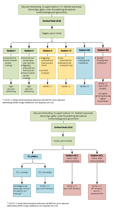 Fl&ouml;desdiagram som beskriver behandling. Tv&aring; olika diagram f&ouml;r behandling vid negativ pelvin k&ouml;rtel respektive positiv pelvin k&ouml;rtel.