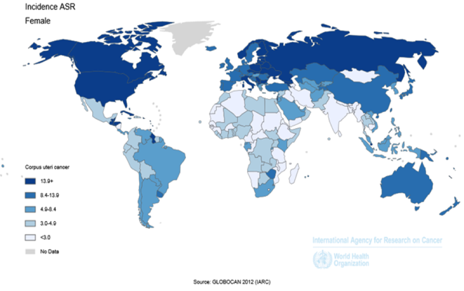 Geografisk spridning av endometriecancer, antal fall per 100 000 kvinnor