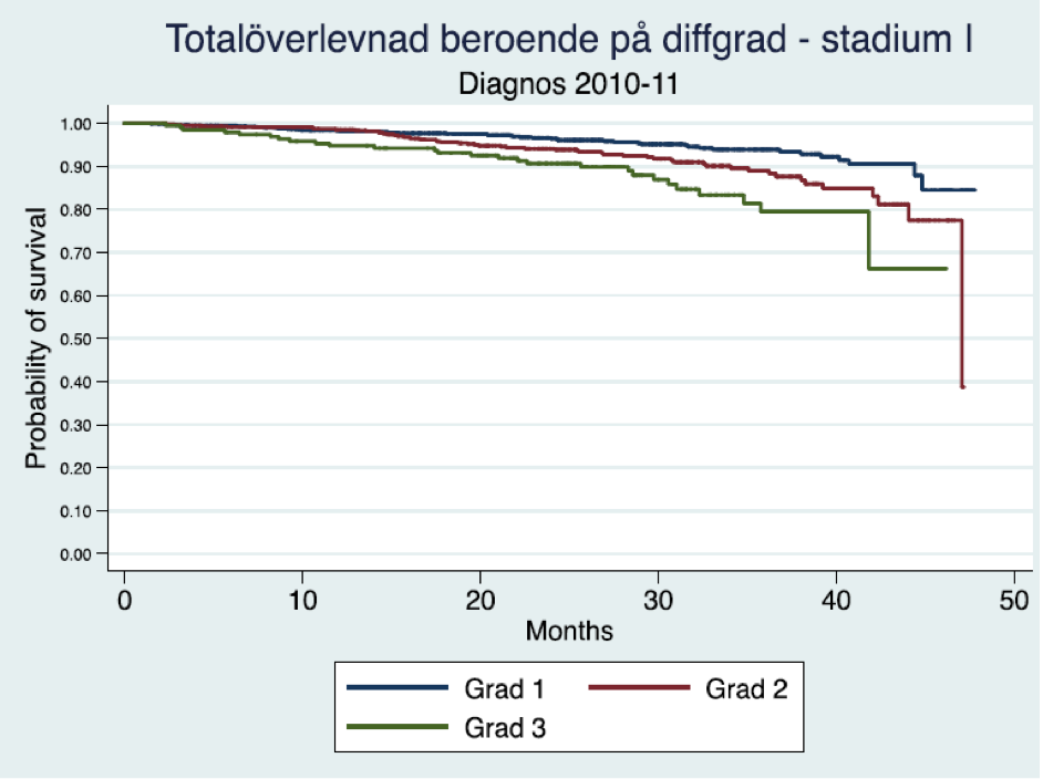 Totalöverlevnad beroende på differentieringsgrad stadium I. Diagnosår 2010-11