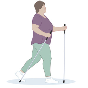 Illustration av kvinna som går med gåstavar.