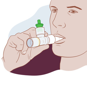 Illustration med person som visar hur man andningstränar med en PEP-pipa.