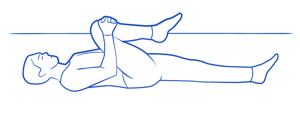 Illustration av person som ligger på rygg och drar upp ena knät mot bröstkorgen.