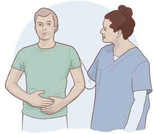 Illustration visar en vårdpersonal som lugnt tröstar en person som håller händerna på magen, vilket antyder magbesvär eller smärta. 
