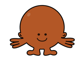 En orange bläckfiskliknande figur med utsträckta armar.