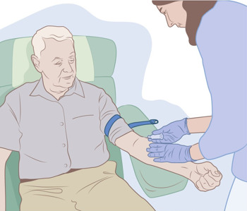 En person som sitter i en stol medan en vårdpersonal med blå handskar förbereder att ta blodprov från personens arm med hjälp av en nål och ett blått stasband runt överarmen.