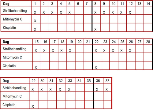Tabell med behandling Behandlingsschema B Cisplatin-Mitomycin C