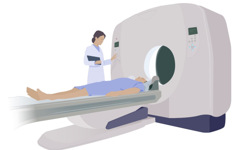 Unders&ouml;kning med datortomografi d&auml;r du ligger p&aring; en brits som &aring;ker in i en cirkelformad r&ouml;ntgenapparat.