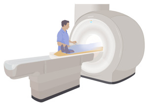 En l&auml;kare &ouml;vervakar britsen med patienten som f&ouml;rsvinner in i magnetkameran