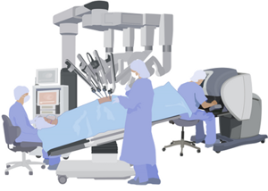 En operation titthålsteknik, kirurgen styr instrumenten med en robot från en terminal.