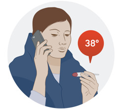 Person pratar i mobiltelefon och håller i en febertermometer.