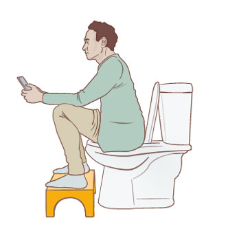 Illustration av person som sitter på toaletten, med en pall under fötterna.